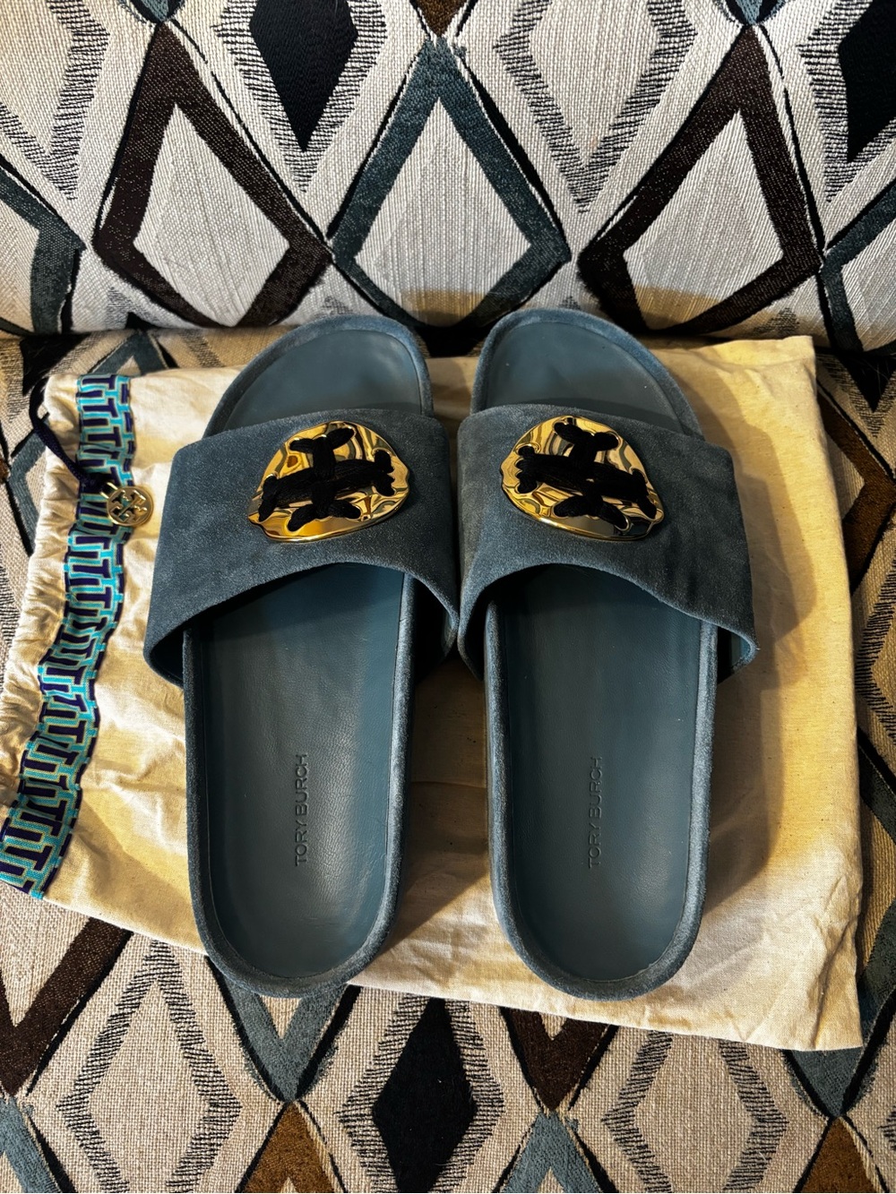 Worn 2x! New condition -  Tori BurchBlue Suede Slide Sandals with Gold Logo